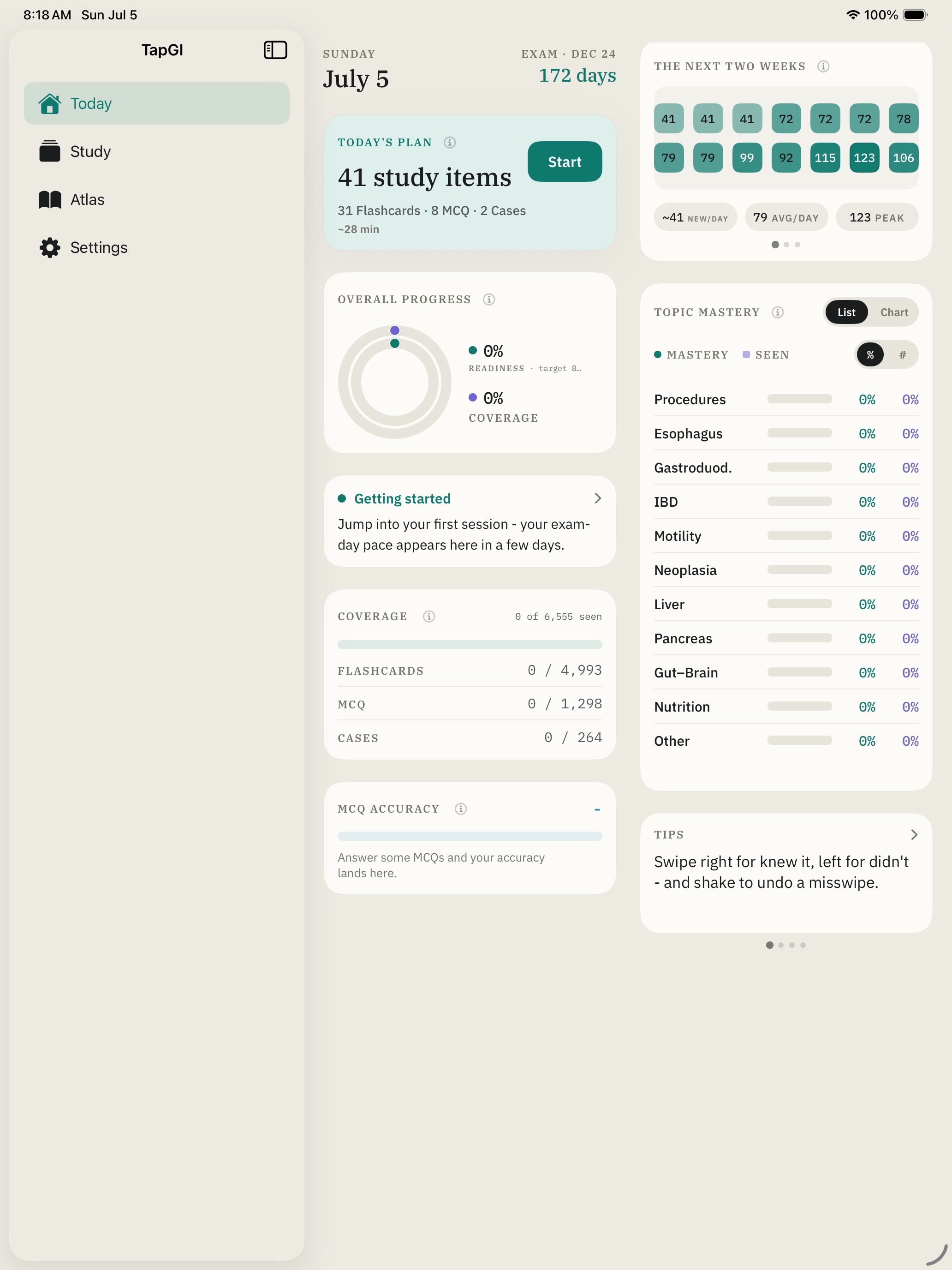 TapGI daily study plan and readiness dashboard