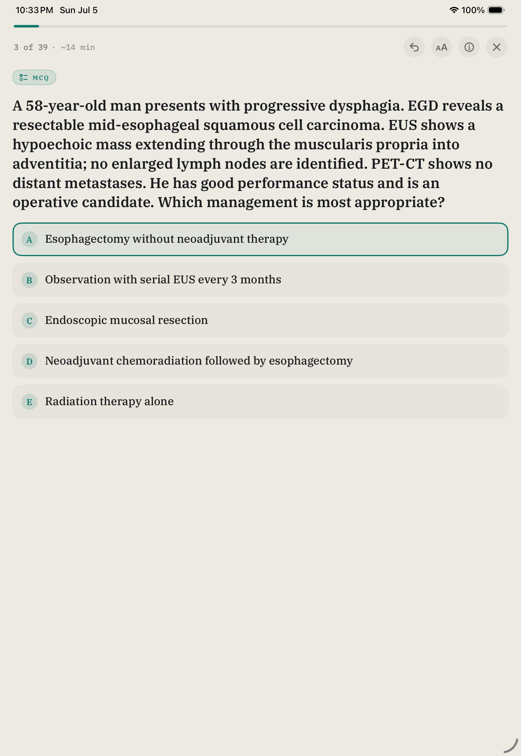 TapGI board-style question with a rationale for every option