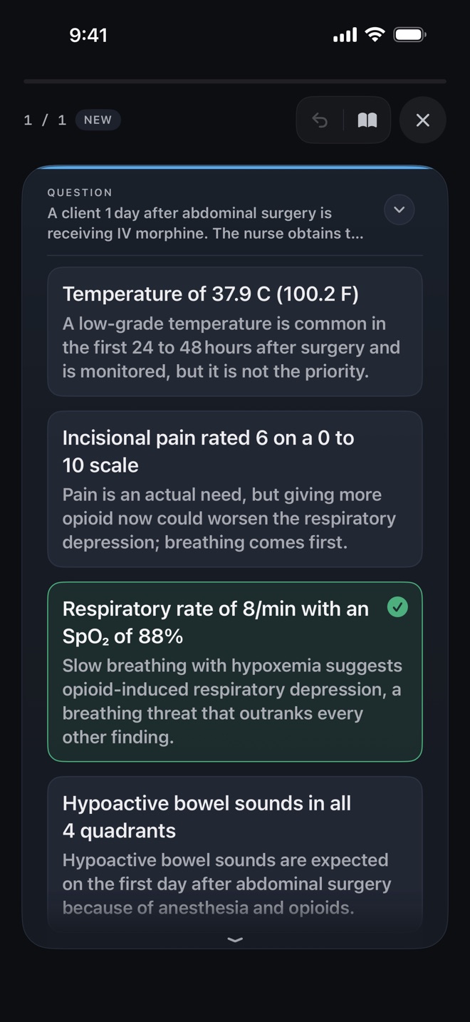An NCLEX-style practice question with rationales in TapRN